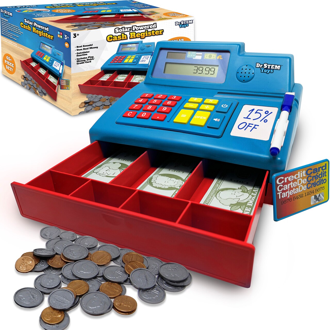 Dr. STEM: Solar-Powered Cash Register - Blue - 68pc Store & Shopping Roleplay Toy, Working Math Calculator, Sounds, Play Money & Debit Card, Kids 3+